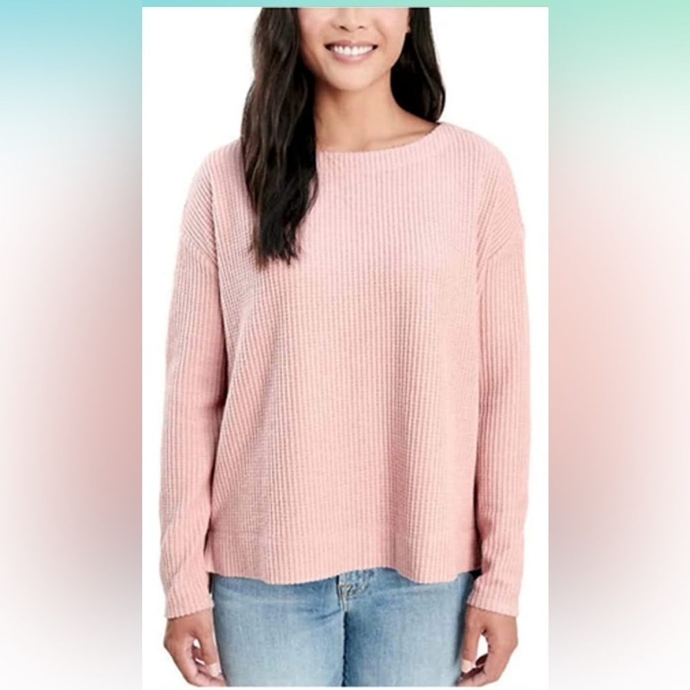Splendid Thermal Waffle Knit Crewneck Long Sleeve Pink Sweater